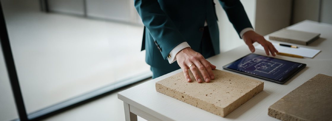 Hands over material samples and a tablet on a table