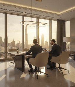 Two people at a table by a window, the city beyond