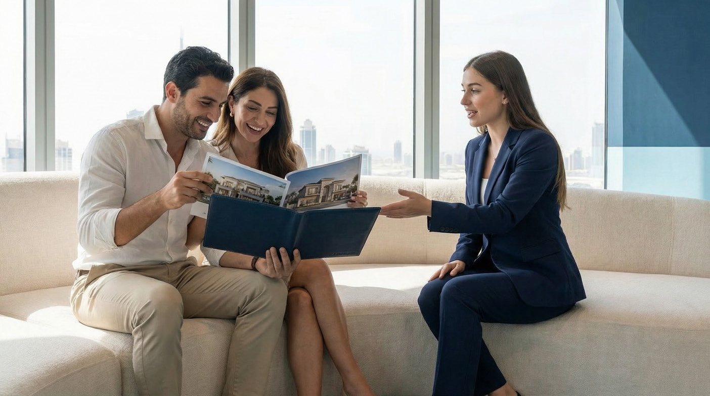 An advisor showing a book to a couple on a sofa, the city behind them